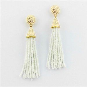 Dangling seed bead tassel earrings. Off white and gold.